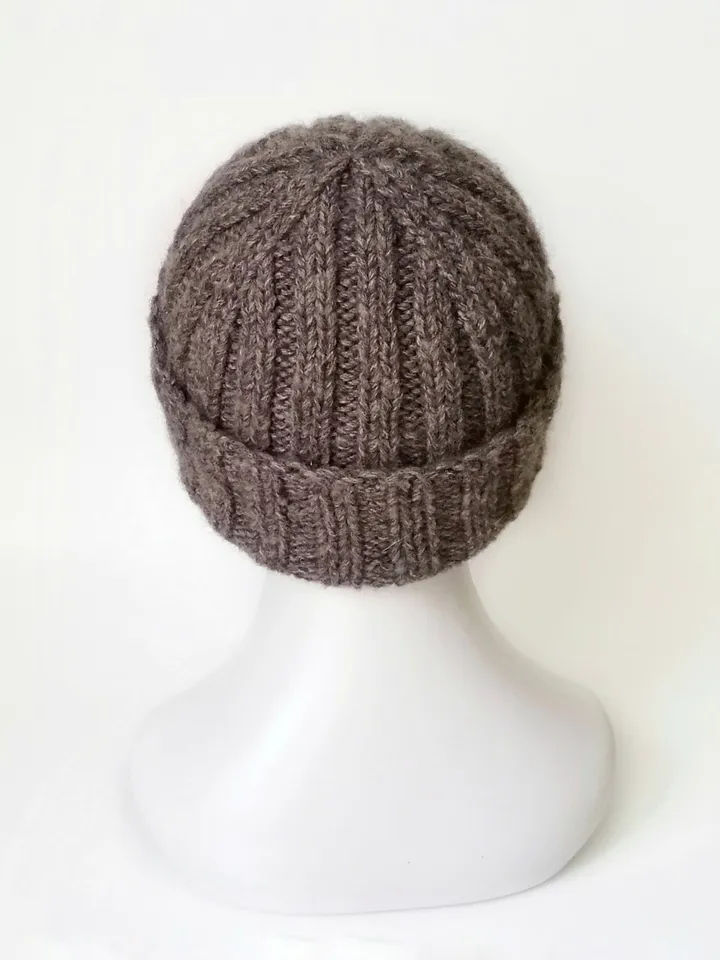 Cozy Men's Alpaca Wool Winter Beanie: Hand-Knitted Brown Hat. Warm Men's Beanie with Folded Brim: Handcrafted Ribbed Cap. FREE SHIPPING!