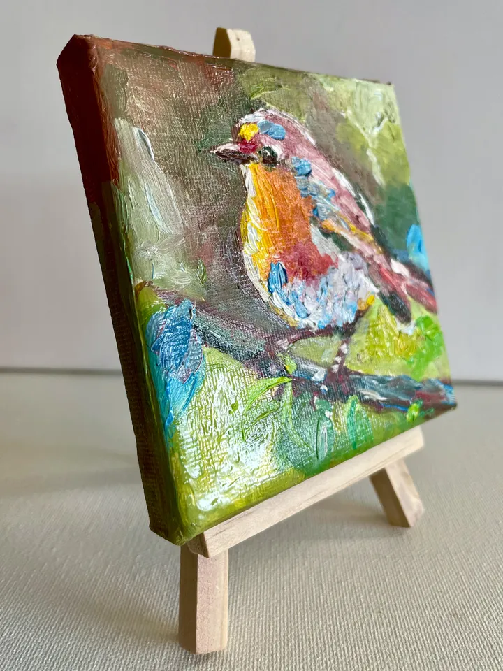 Robin Bird Painting, Original Oil painting on Canvas, Mini Canvas Art, Tiny Bird Artwork