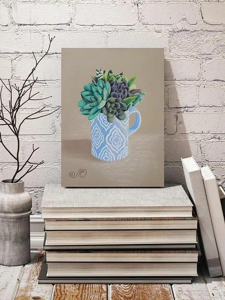 Succulent Painting Cup Original Art Cactus Wall Art Floral Soft Pastel Painting