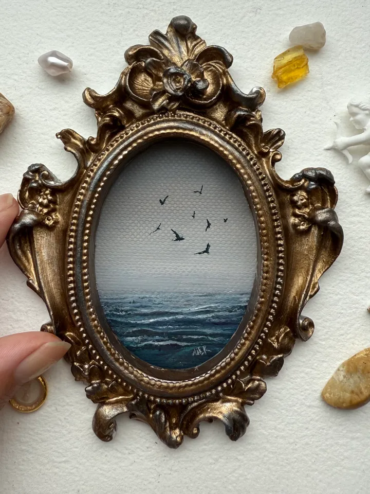 Ocean Landscape Painting Original In Vintage Style Frame Small Framed Museum Style Painting Art Renaissance Antique Seascape Painting Foggy Coast