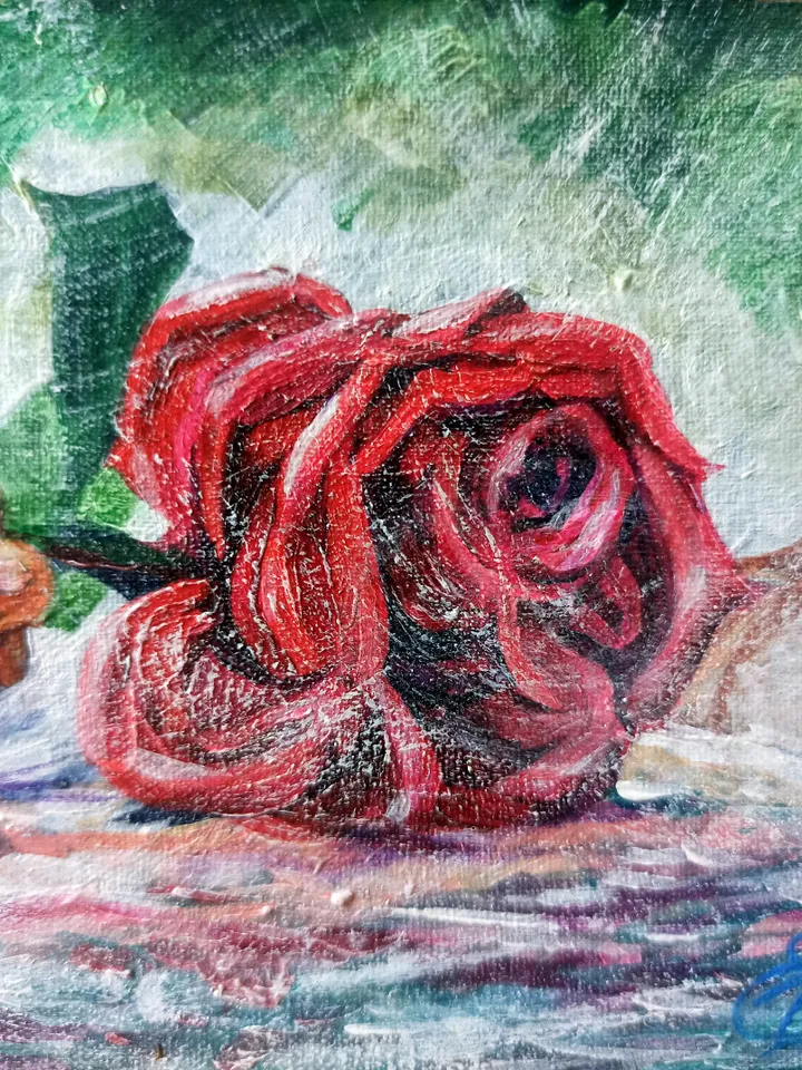 Miniature painting with a red rose in water, Relaxation, Original acrylic painting on cardboard with canvas 10x15cm