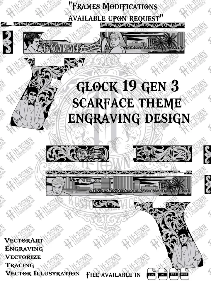Glock 19 Gen 3 Scarface Engraving Design | Movie Theme Grip & Slide Vector | Laser Svg PNG EPS AI | Custom Pistol Art