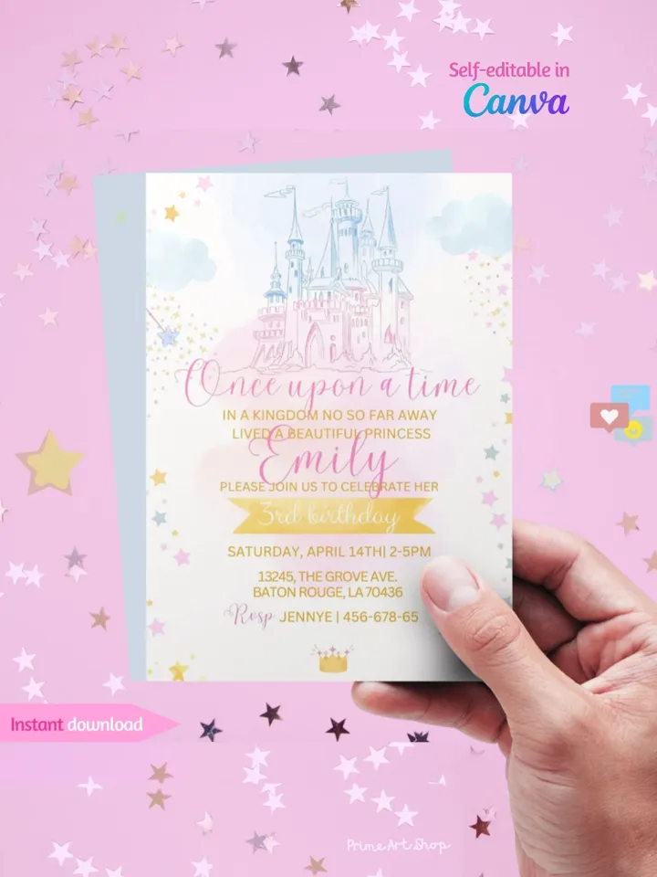 Watercolor Princess Castle Birthday Invitation Card - Editable Canva Template