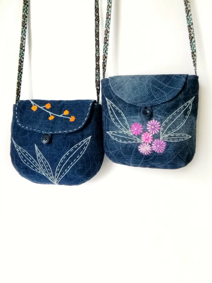 Boho Chic Mini Denim Crossbody Bags: Handmade Embroidered Shoulder Purses for Women, Floral Accents, Unique and Stylish. FREE SHIPPING!