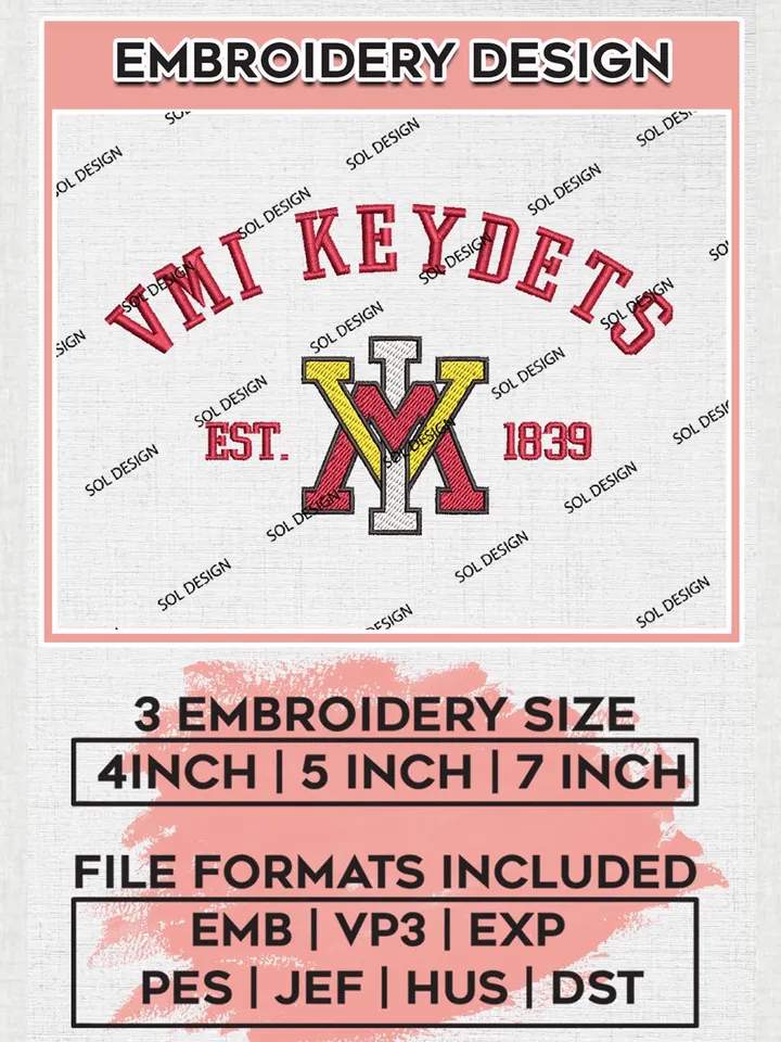 NCAA VMI Keydets Football Team Logo Embroidery Files, NCAA VMI Keydets Team Embroidery, NCAA College Football Teams, VMI Team Emroidery, 3 sizes, Machine embroidery designs, Digital Download