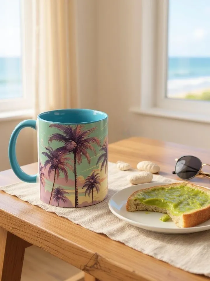 Retro Palm Tree Sunset Mug with 70s Aesthetic Coastal Vibes, Summer Pastel Boho Coffee Cup, Beach Lover Gift Idea, Home Decor, Gift For Her