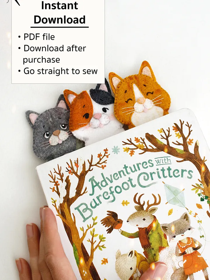 Felt long cats bookmarks hand sewing PDF tutorial with patterns. DIY cat bookmarks. Book and pets lover gift. Felt school supplies