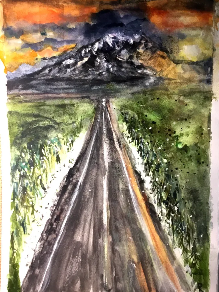 Alaska sunset,road,mountains.snow,original watercolour painting,wall art