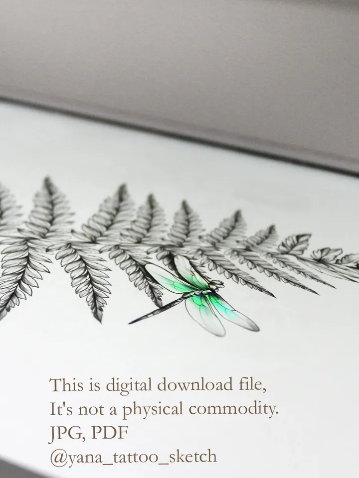 Fern Tattoo Design Dragonfly And Leaf Fern Tattoo Idea Stencil Sketch, Instant download PDF, JPG