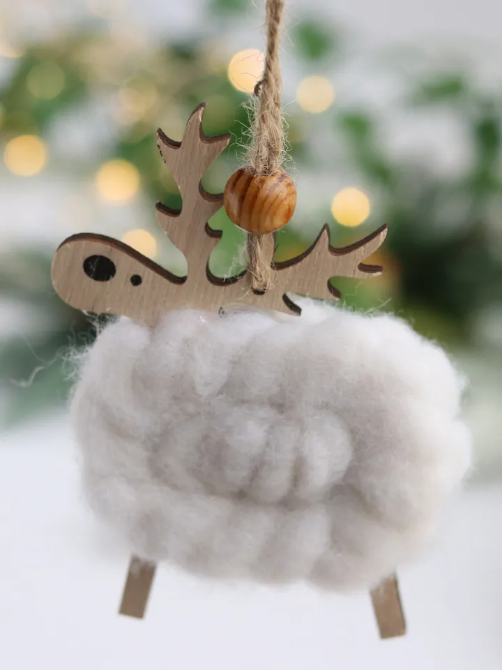 Christmas reindeer ornament wood/wool decor Winter Festive hanging deer decoration