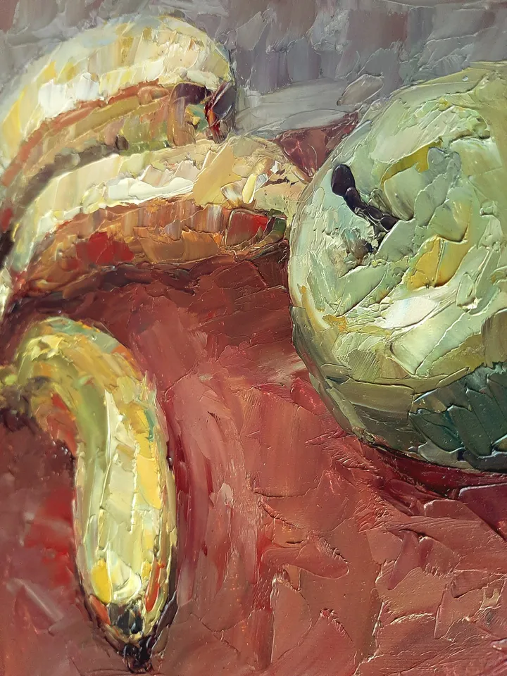 Bananas Apple on red PAINTING 8x8" ORIGINAL Kitchen Art Still Life with fruits Fine Oil Art Signed by artist Marina Chuchko