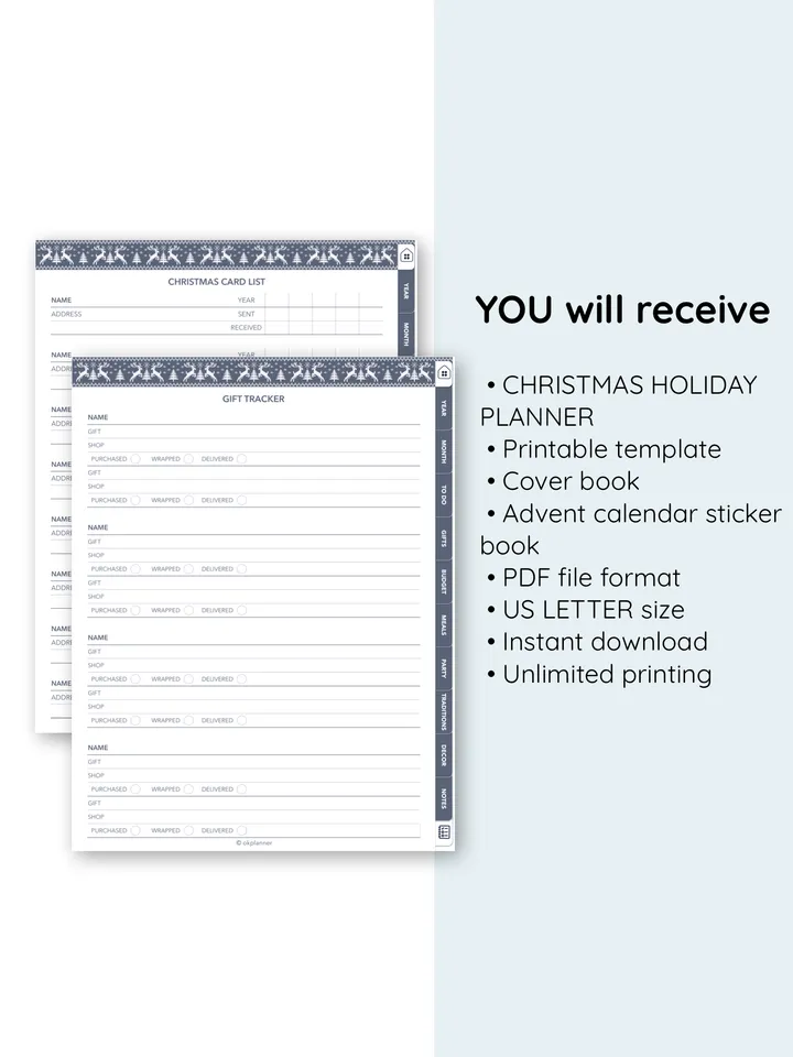 Christmas holiday planner. Event meal journal. Christmas gifts log. Holiday budget planning. Advent calendar for kids