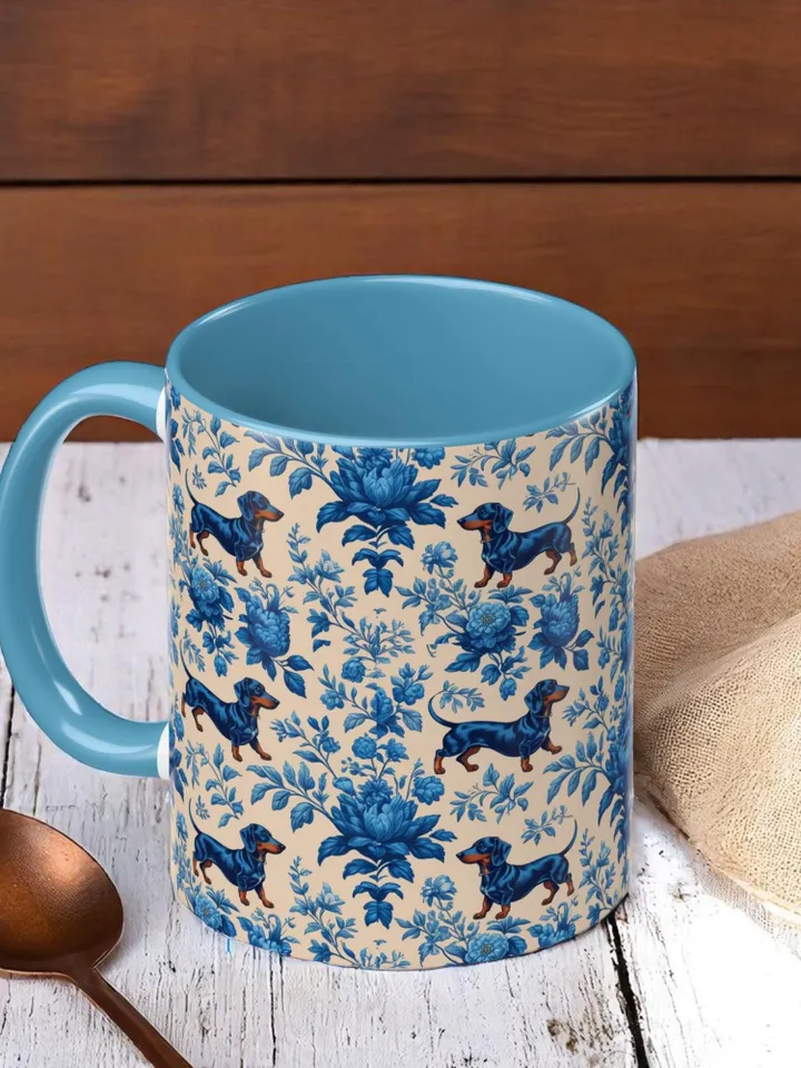 Dachshund French Toile de Jouy Ceramic Mug, Toile Coffee Cup for Doxie Mom, Sausage Dog Lover Gifts, Dog Tea Drinkware, Gift For Dog Lovers