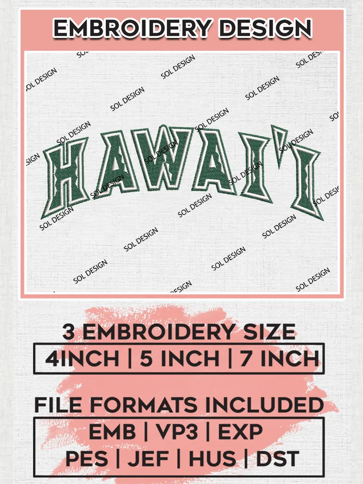 NCAA Hawaii Football Team Word Logo Embroidery Design Files, NCAA Hawaii Rainbow Warriors Machine Embroidery, NCAA Teams, Game Day, 3 sizes, NCAA Machine embroidery designs, Digital Download
