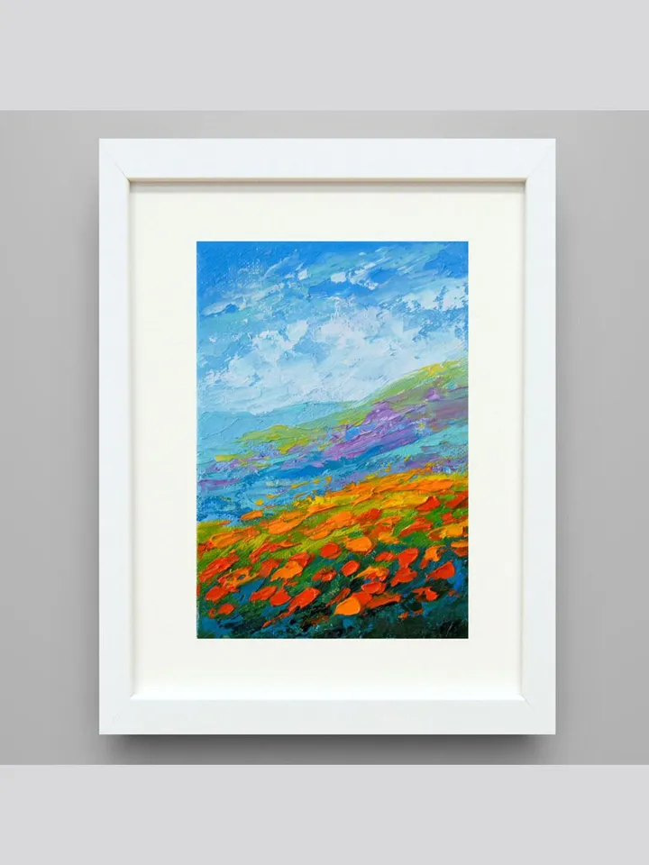 California poppies painting Mountain Landscape Small Original Art 5 by 7 in Wildflower Painting by Juliya JC
