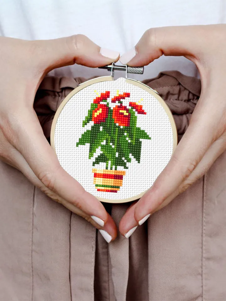 Red flower plant cross stitch pattern PDF download Simple mini cross stitch chart, Easy small cross stitch Anthurium, Plant lover gift #P20
