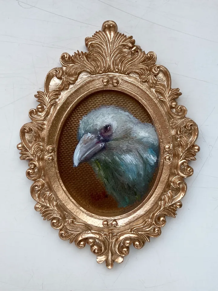 Framed Raven Oil Painting Original Albino Bird Art Dark Cottagecore Art