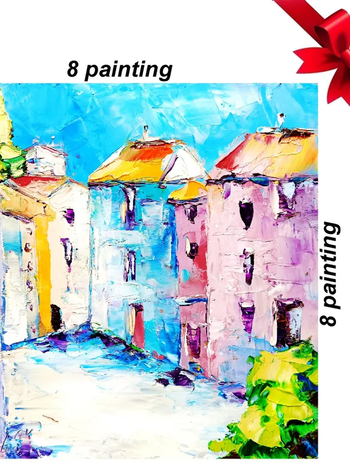 Italian Houses Oil Painting Cinque Terre Cityscape Original Art Italy Wall Art Decor Travel Gifts 8 x 8 by ArtProkopaloSv
