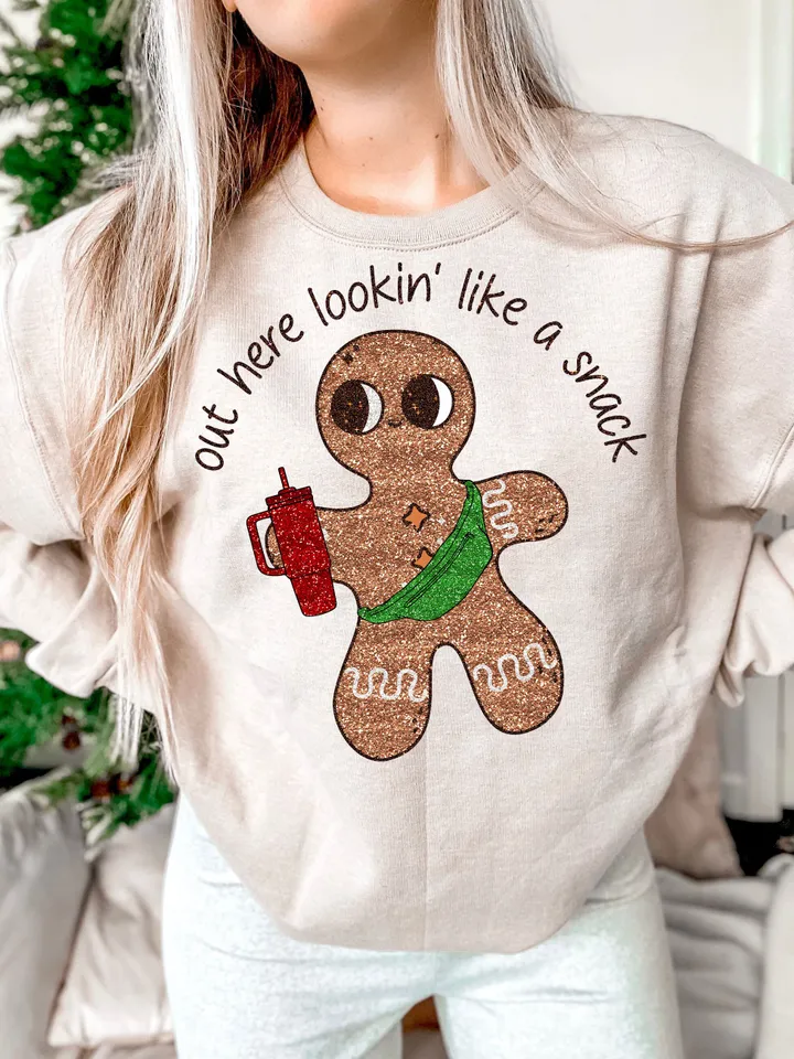 Sparkly Gingerbread Man PNG Christmas PNG Glitter Sequins Shirt Sublimation Design Out here Looking Like a Snack, Bougie png