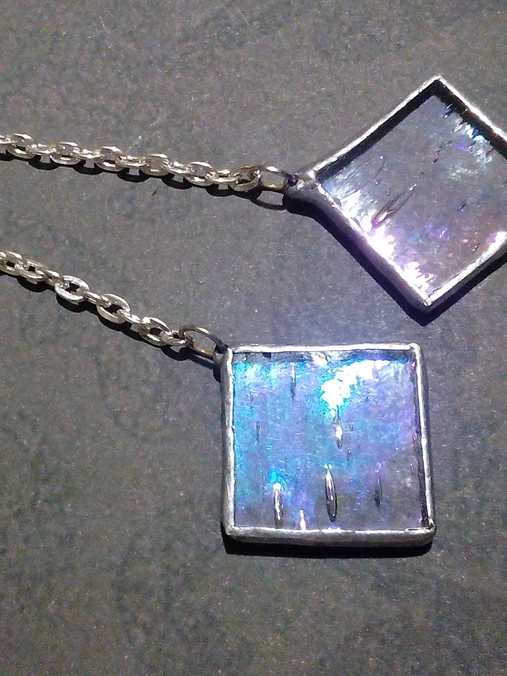 Iridescent stained glass, clear earrings, cute squar earrings, dichroic earrings, duochrome earrings