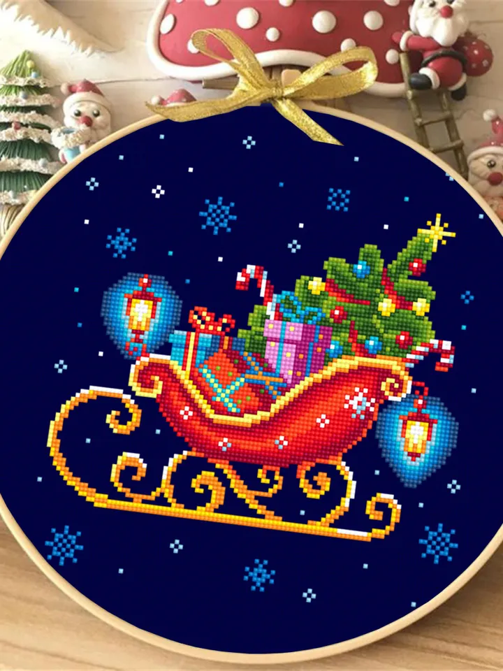 Santa sleigh with christmas tree cross stitch pattern download PDF Christmas pattern digital PDF, Christmas lanterns cross stitch chart #N13