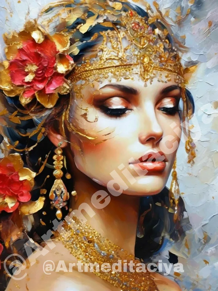 Digital abstract textural modern painting "Slavic brunette in ethnic jewelry made of gold" on an abstract white background, hair decorated with abstract peonies in the style of pasty oil painting with a palette knife