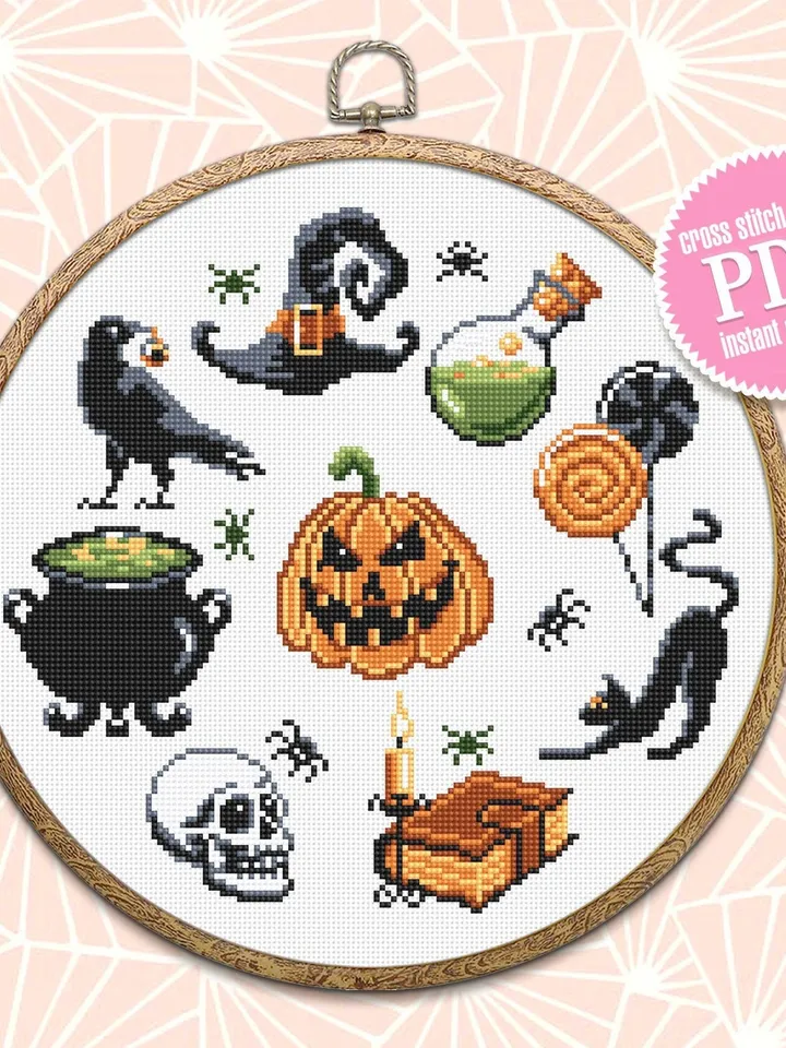 Halloween cross stitch pattern download PDF Beginner stitch Magic horror cross stitch Witch black cat stitch chart Halloween embroidery #H30