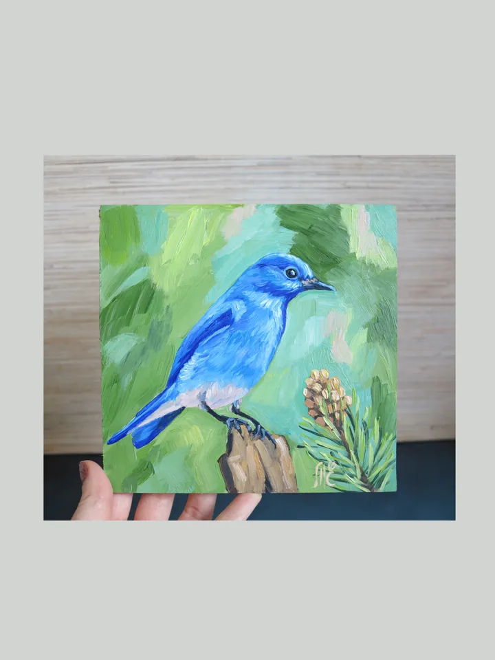 Original Oil Painting Blue Bird in a Serene Natural Artwork