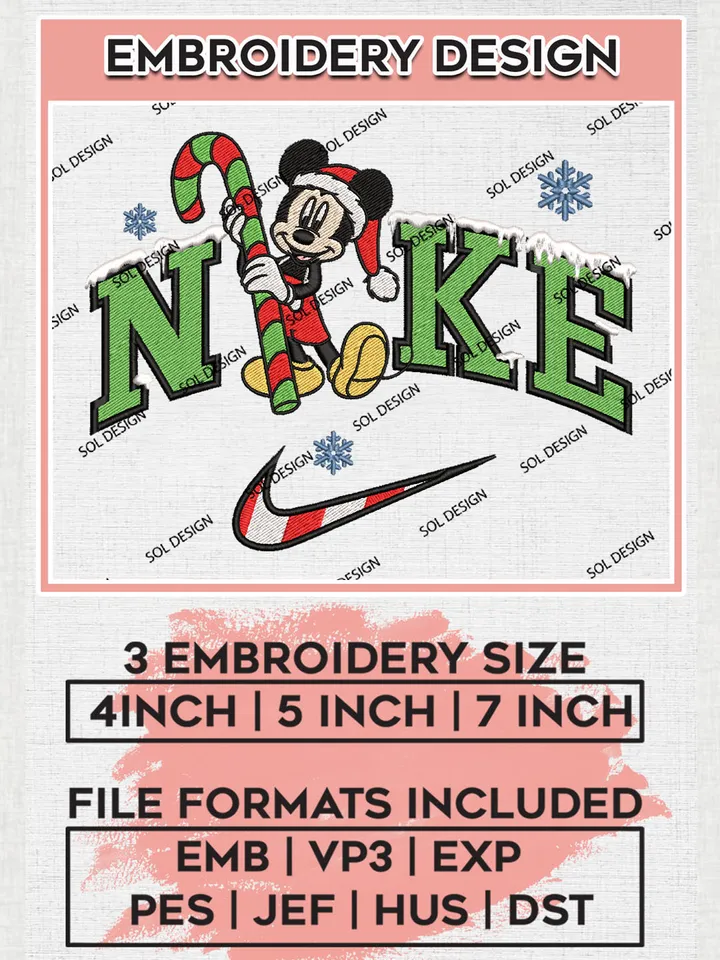 Ni.kee Santa Mickey Mouse Candy Cane Embroidery Design Files, Disney Christmas Machine Embroidery, Disneyland Embroidery, 3 sizes, Cute Christmas Machine embroidery designs, Digital Download