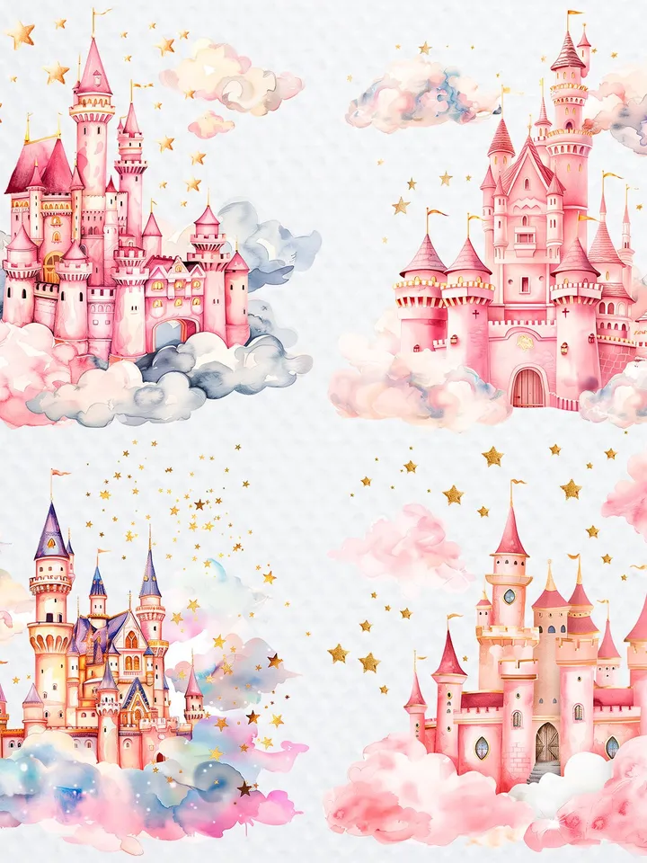 12 Princess Castle PNG Clipart, Watercolor Princess Castle In the clouds and stars for sublimation, Castle   Paper craft, Junk Journals