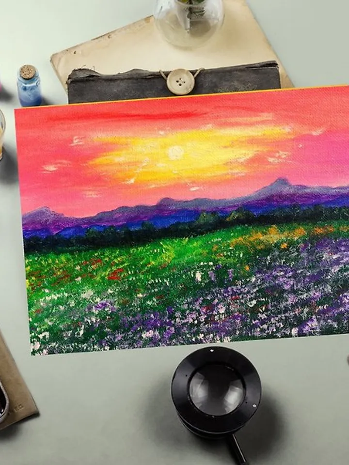 Landscape Original Acrylic Painting Image of mountains and wildflowers Small art