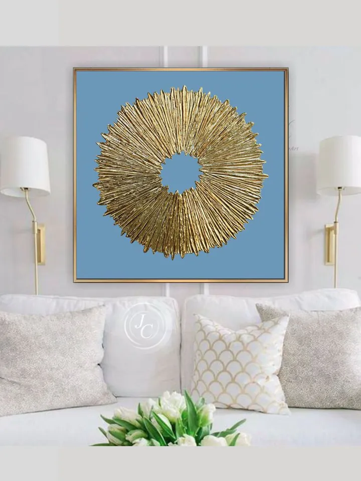 Gold and Blue Abstract Painting Textured artwork Sunburst Original Art Gold Sun painting on canvas | Above couch decor