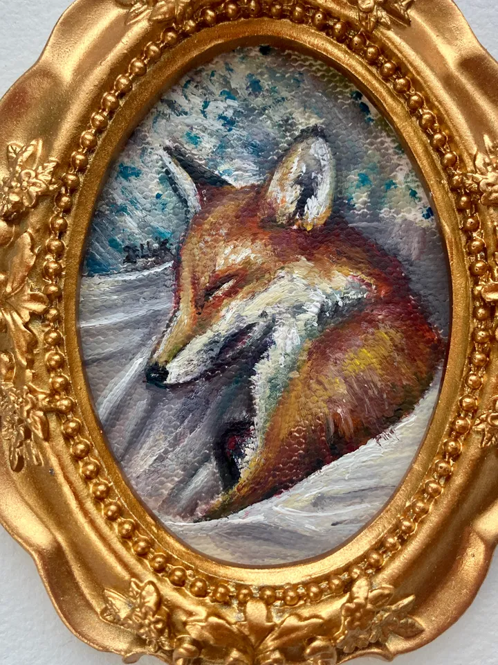Fox Oil Painting Original In Vintage Style Frame Small Framed Animals Wildlife Art Oval Frame