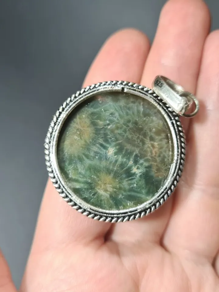 Thistle pendant Oil painting on moss agate. A flower on miniature Stone painting