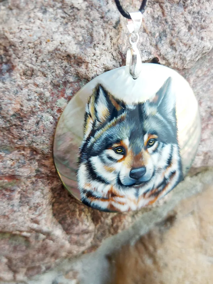 Pearl pendant necklace: Wild Wolf painted on dainty jewelry pendant. Statement unisex necklace for nature lovers. Stylish wilderness spirit