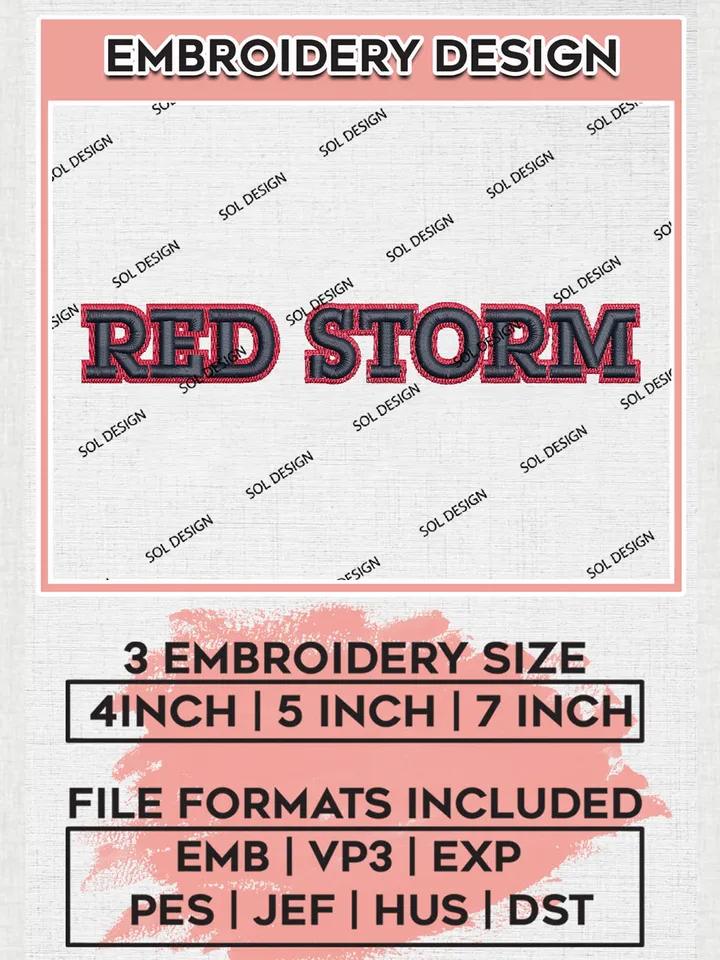 NCAA Red Storm College Team Logo Embroidery Design Files, NCAA St Johns Red Storm Machine Embroidery, NCAA Teams, 3 sizes, NCAA Machine embroidery designs, Digital Download
