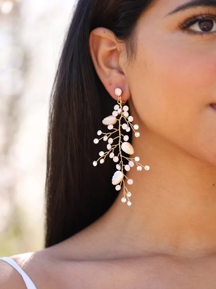 Opal Boho Wedding Earrings, Swarovski Crystal Long Bridal Earrings, Boho Bridal Earrings, Chandelier Statement Leaf Wedding Earrings Jewelry