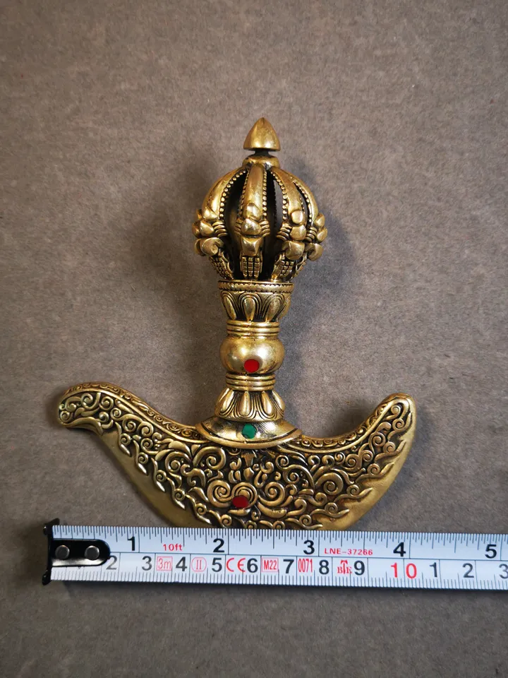 Gandhanra Antique Tibetan Trantic Practitioner Ritual Implements,Nine Pronged Vajra & Kartika(knife of the dakinis), Made of Brass