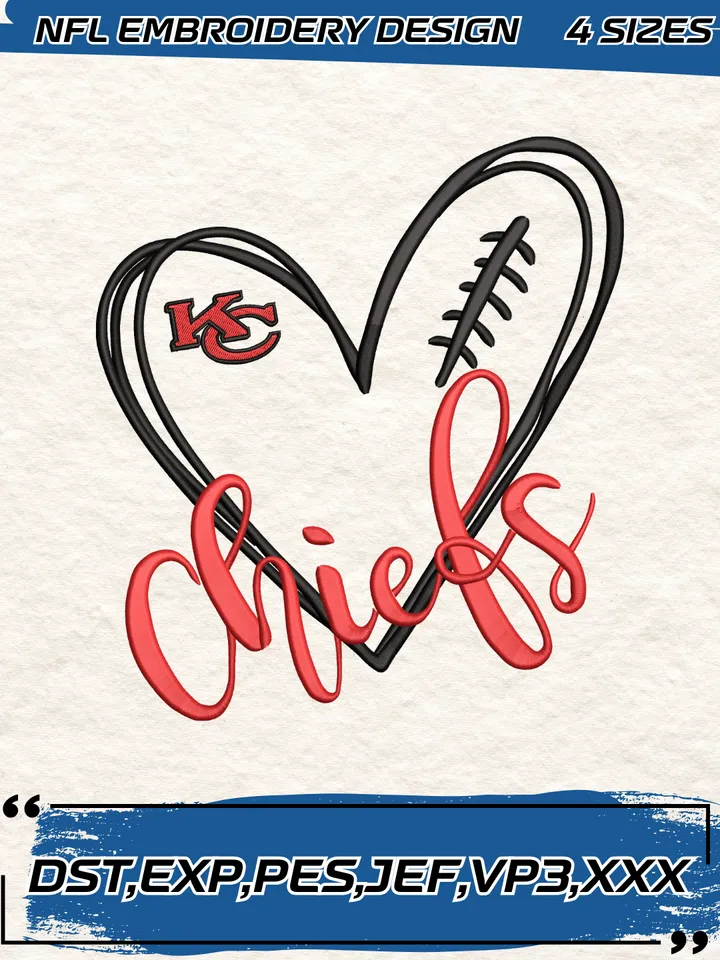 Kansas City Chiefs Heart Embroidery Design,NFL Logo Embroidery Design,Machine Embroidery Design File,4 Sizes, Digital Download