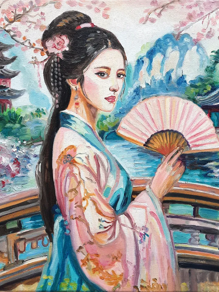 The Girl at a Pagoda Art Original Oil painting Oil on canvas