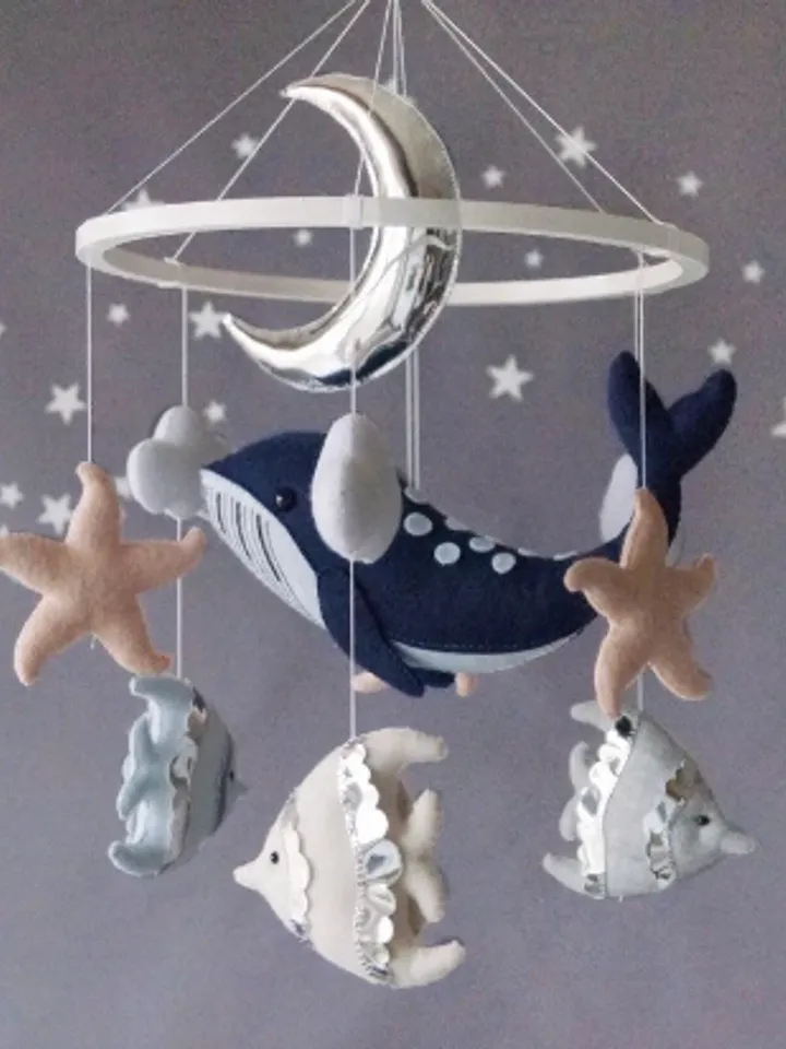 Whale mobile for ocean nursery, Blue whale with fish and Crescent moon, Ocean decor made of handmade felt
