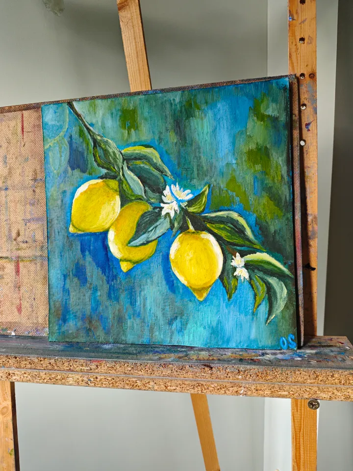 Lemons Original Painting Lemon Branch Artwork Three Lemons Modern Art Lemon Tree Branch Oil Painting Lemon Wall Decor 11.8 x 11.8 inches by OlgaSokolovaArt
