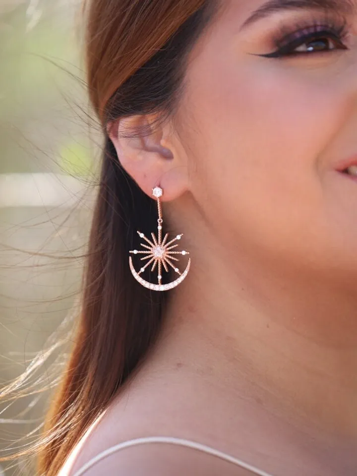 Rose Gold Star Boho Wedding Earrings, Swarovski Crystal Boho Bridal Earrings, Cubic Zirconia Bridal Jewelry, Celestial CZ Wedding Jewelry