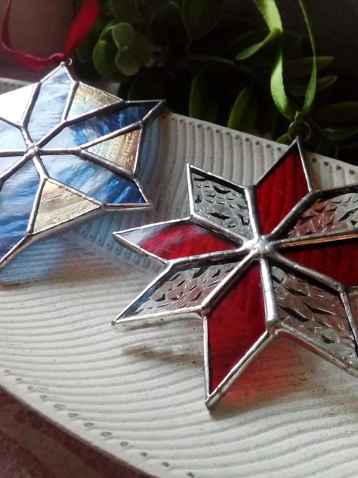 Set of 2 snowflake suncatchers, christmas ornaments, simple stained glass, Christmas decorations, Xmas tree star