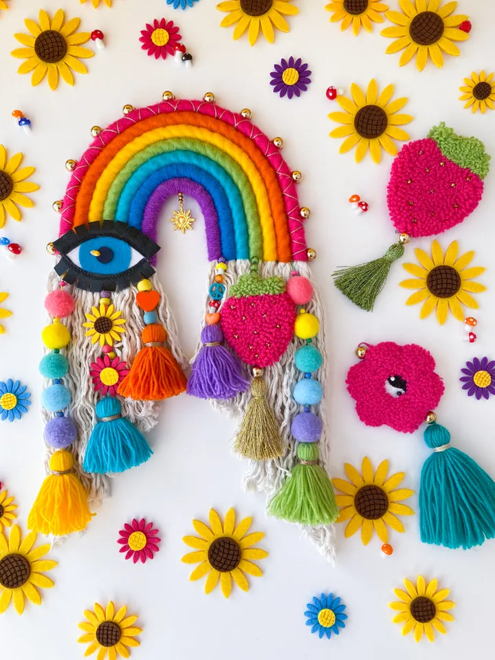 Macrame rainbow wall hanging, Evil eye and hamsa hand, Hippie room decor, Housewarming gift, Dorm room decoration
