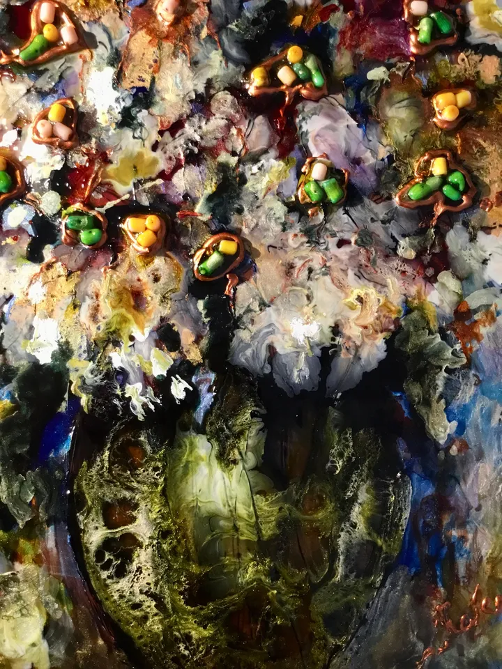 Abstract chrysanthemums in a vase,stained glass painting,fantasy glass flowers decorated with faux coral beads,unique handmade gift.