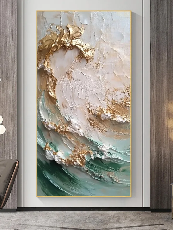 Original Abstract Golden Waves Oil Painting on Canvas | Elegant White, Gold, and Teal Art | Large Textured Wall Decor | Living room Wall Art