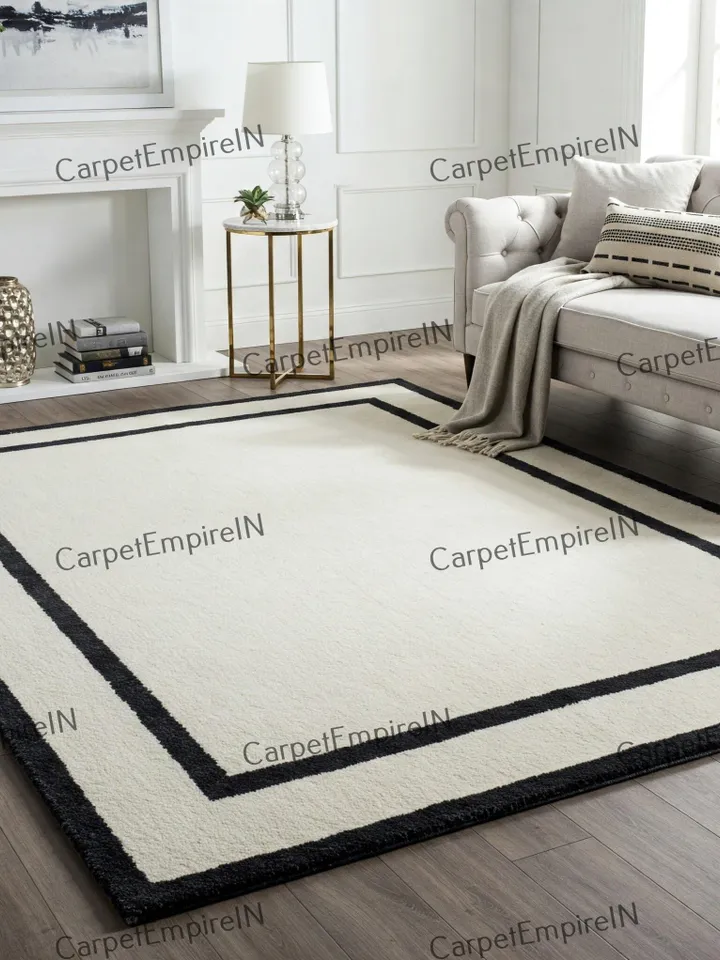Hand-Woven Wool Border Rug, White & Black,Hand-Woven Wool | Multiple Sizes | Contemporary Living Room Rug, Chic Accent Rug 5x7,6x9,8x10,9x12