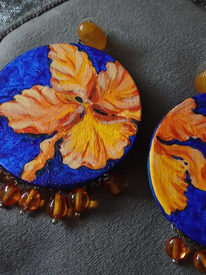 Earrings "Golden orchids in blue"