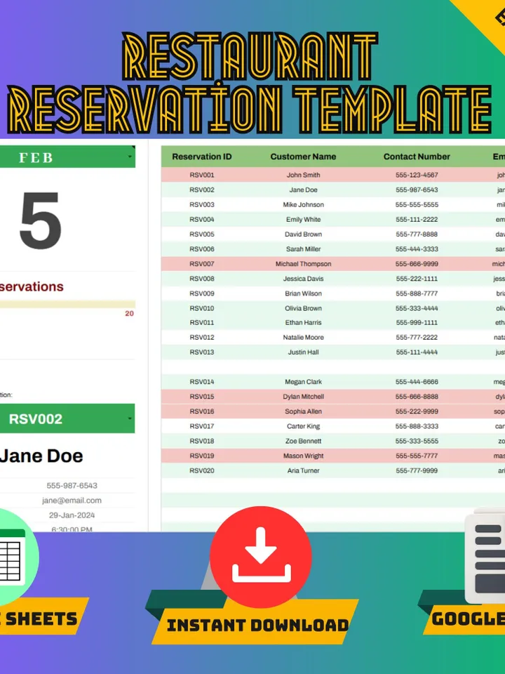 Restaurant Reservation Template,Google Sheets Booking Tracker,Digital Download,Easy-to-Use Table Reservation System for Restaurants